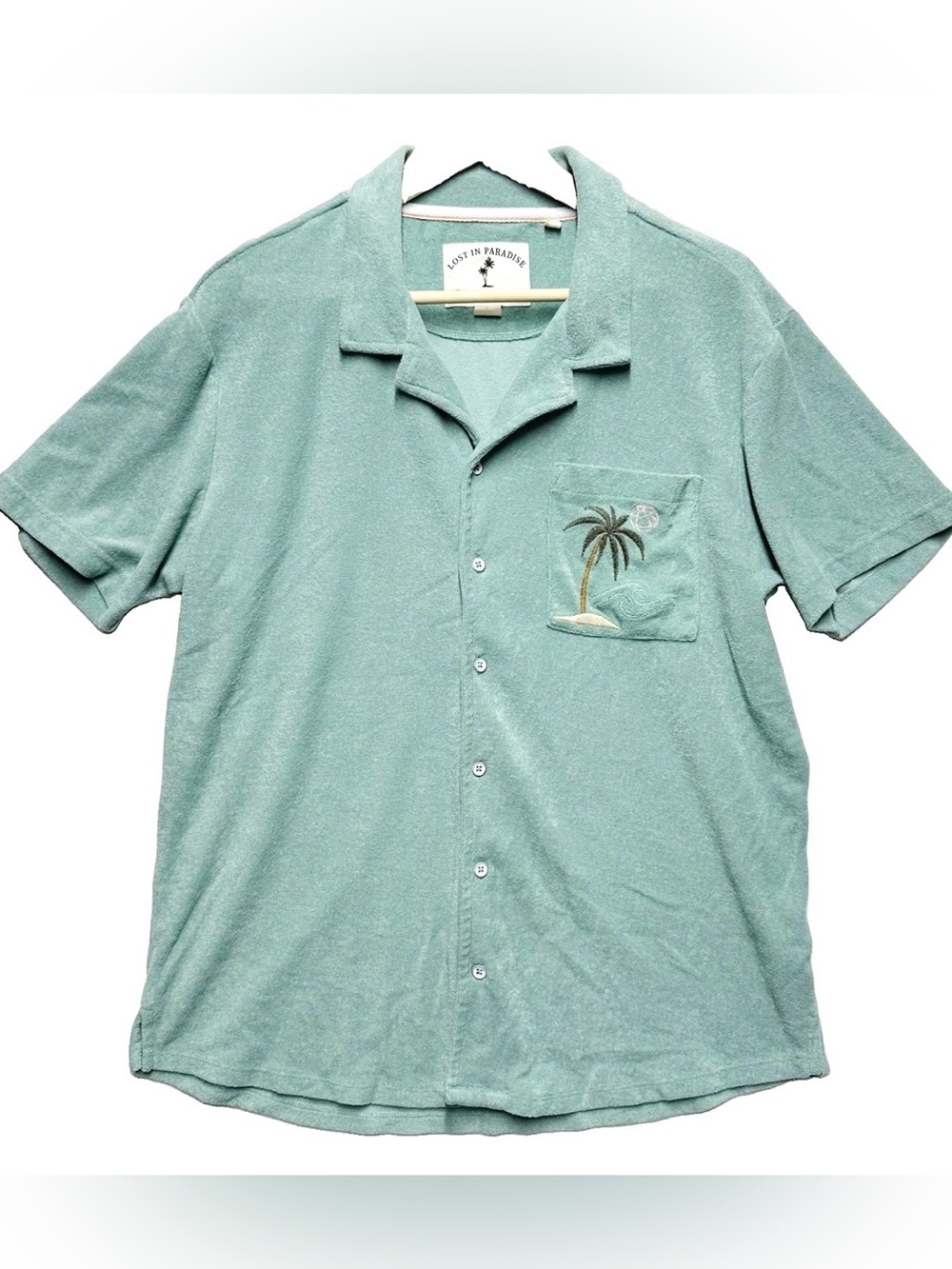 Lost in Paradise Free Planet Terry Cloth Cabana Shirt Mens L Palm Tree